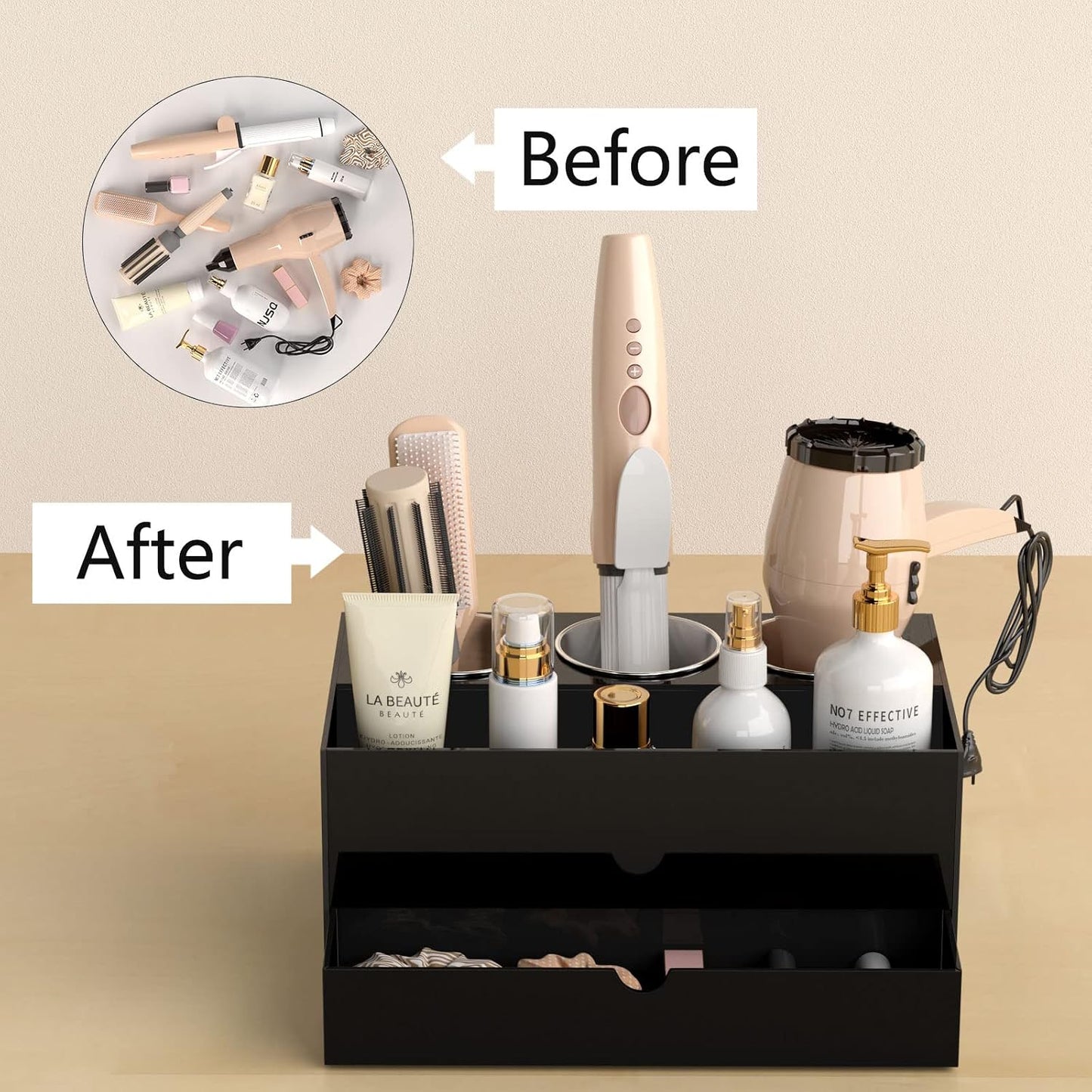 NIUBEE Acrylic Hair Tool Organizer,Hair Dryer Holder Countertop with 3 Cups | Clear, Hot Tools Organizer, Hair Blow Dryer Organizer for Curling Iron, Brush, Straightener, Makeup,Skincare,Vanity, Bathroom