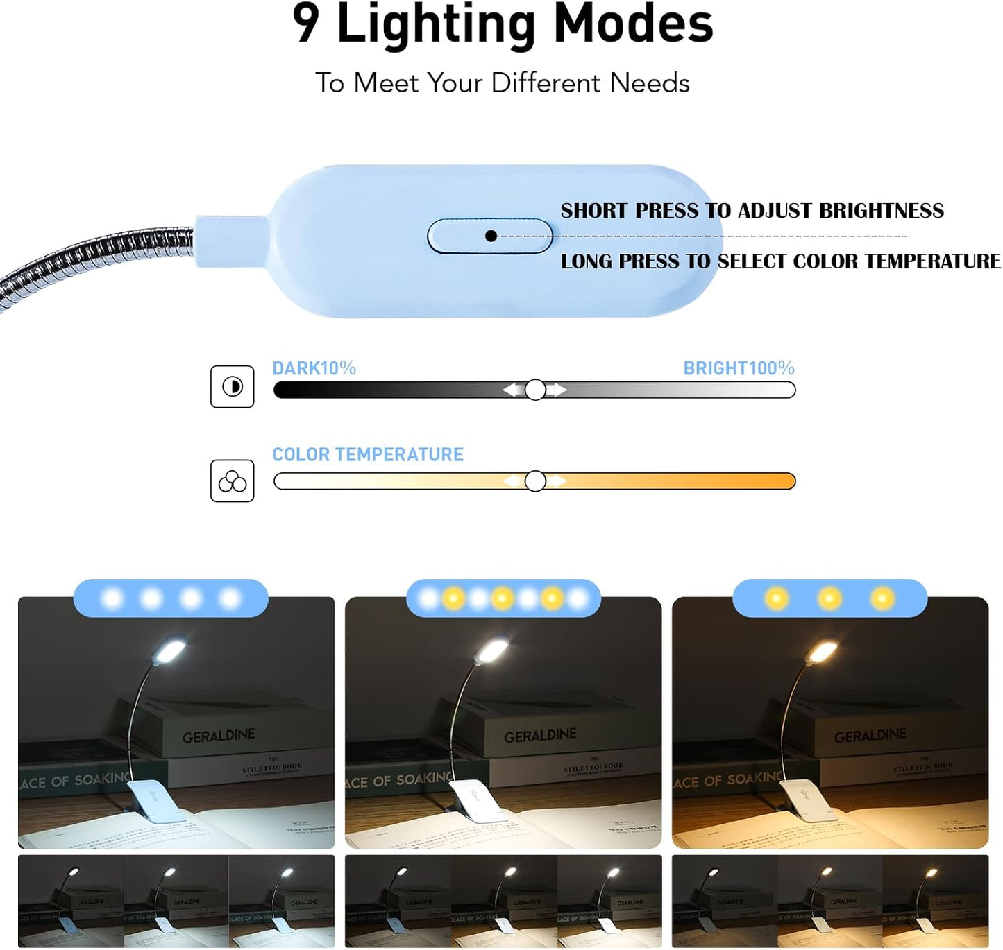 VAVOFO Rechargeable Book Light for Reading in Bed Kids, 7 LED Reading Light with 9-Level Warm Cool White Daylight, Eye Care Lamp with Power Indicator for Bookworms (Yellow)
