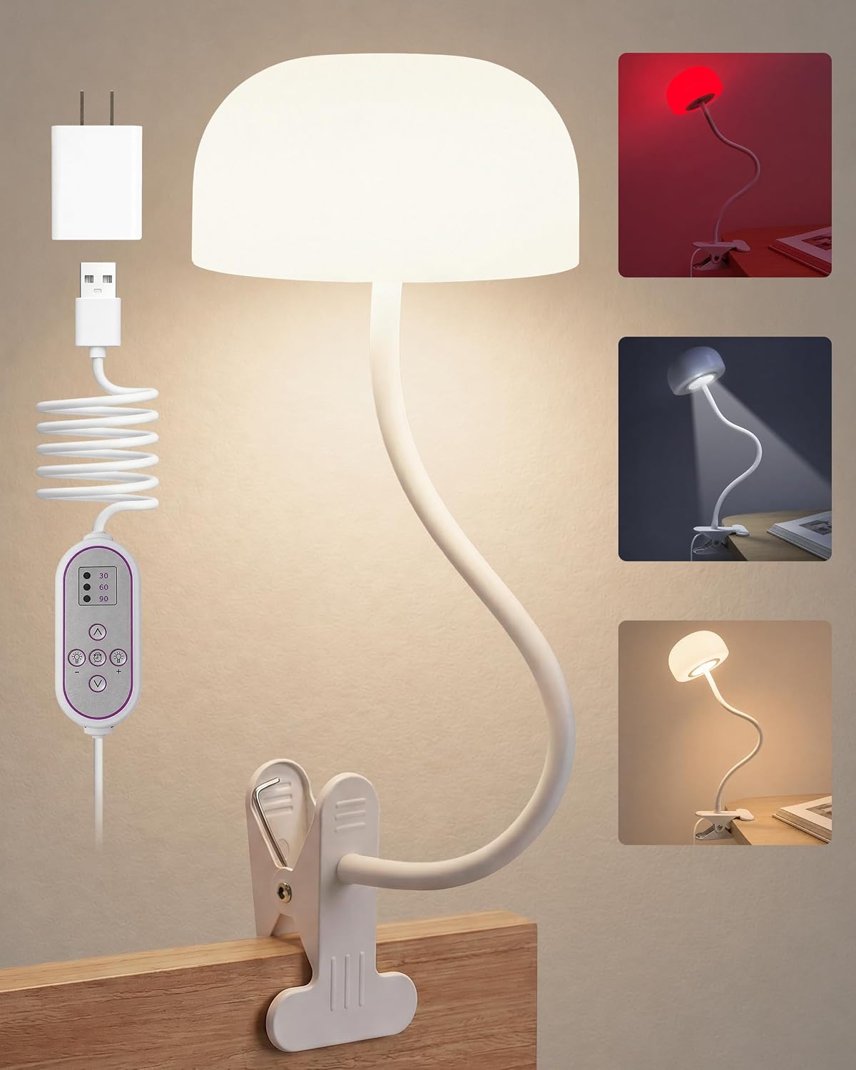 Clip on Light for Bed, Headboard Reading Lamp, Dorm Room Essentials | Flexible Mushroom Desk Lamp, Top & Bottom Lighting, 3 Colors Modes+670nm Red Light LEDs, 5 Brightness,Timer, Adapter Included