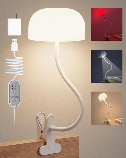 Clip on Light for Bed, Headboard Reading Lamp, Dorm Room Essentials | Flexible Mushroom Desk Lamp, Top & Bottom Lighting, 3 Colors Modes+670nm Red Light LEDs, 5 Brightness,Timer, Adapter Included