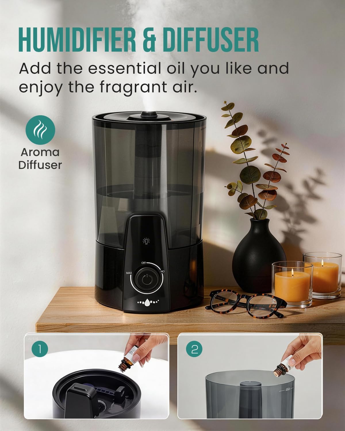 4L Humidifiers for Bedroom,Dishwasher Safe Design Easy Clean,Black