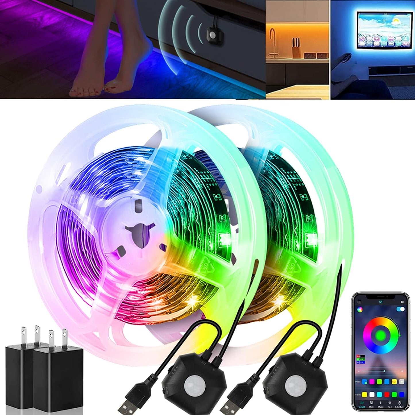 Under Bed Lights 2 Set*9.84ft Motion Activated RGB LED Strip Light, App Control/Variety Color/Dimmable/Dynamic Music Sync/5V USB, Motion Sensor LED Strip Light for Bed Cabinet Staircase Bedroom