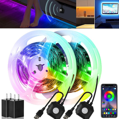 Under Bed Lights 2 Set*9.84ft Motion Activated RGB LED Strip Light, App Control/Variety Color/Dimmable/Dynamic Music Sync/5V USB, Motion Sensor LED Strip Light for Bed Cabinet Staircase Bedroom
