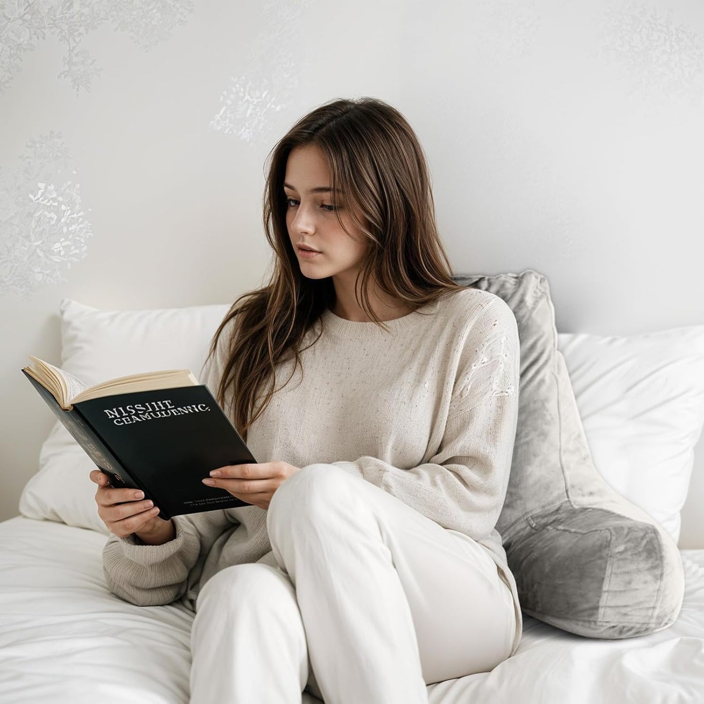 OAISZ Reading Pillow for Sitting in Bed with Shredded Memory Foam, Grey | 19-Inch Back Pillow for Sitting Up in Bed, Extended Arms, Side Pockets, Supportive Adjustable Pillow Removable Washable Cover