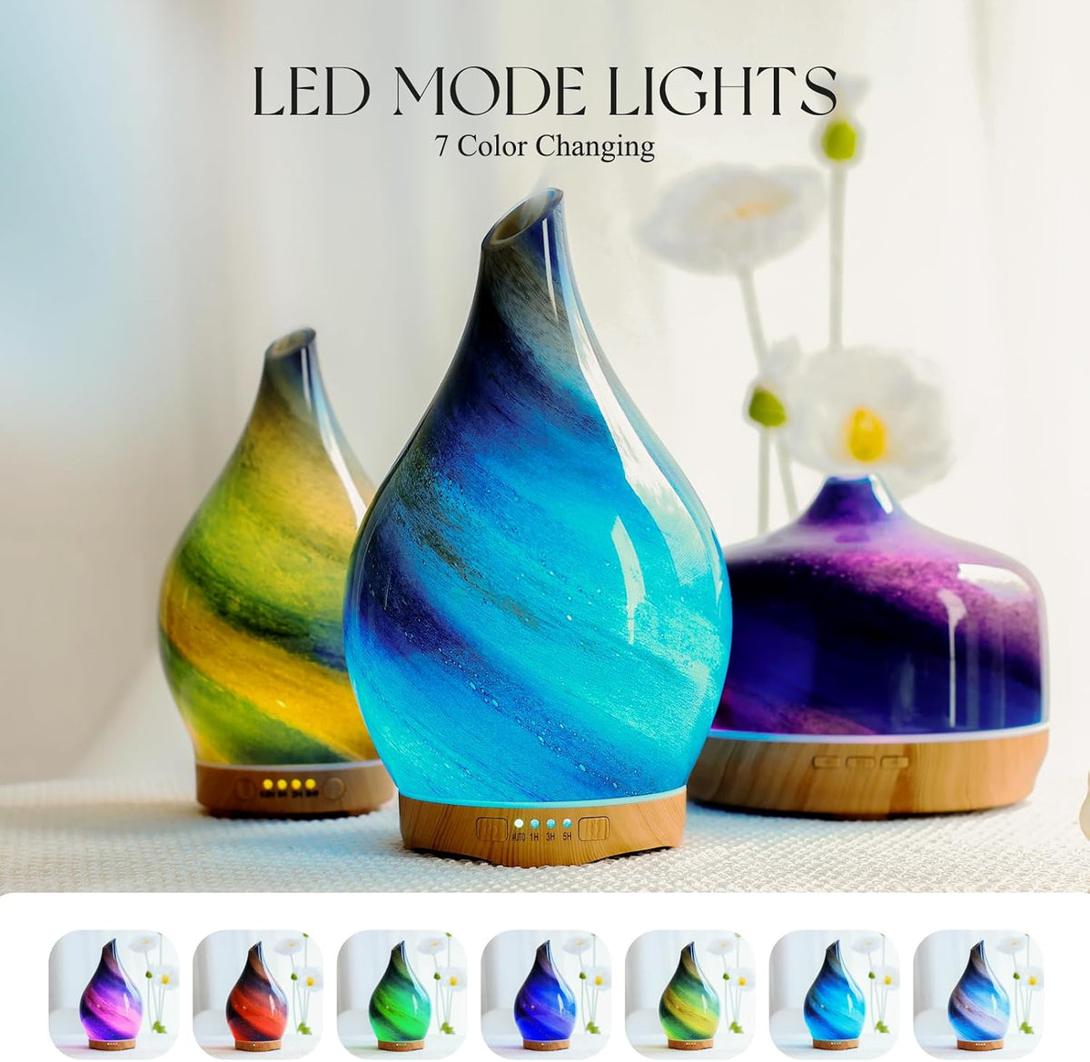 Porseme Essential Oil Diffuser 280ml Handmade Glass Diffuser 7H Runtime | Elegant Handmade Glass Aroma Diffuser with 7-color LEDs, Quiet Aromatherapy and Safe Auto Shut-off, Perfect for Gifts