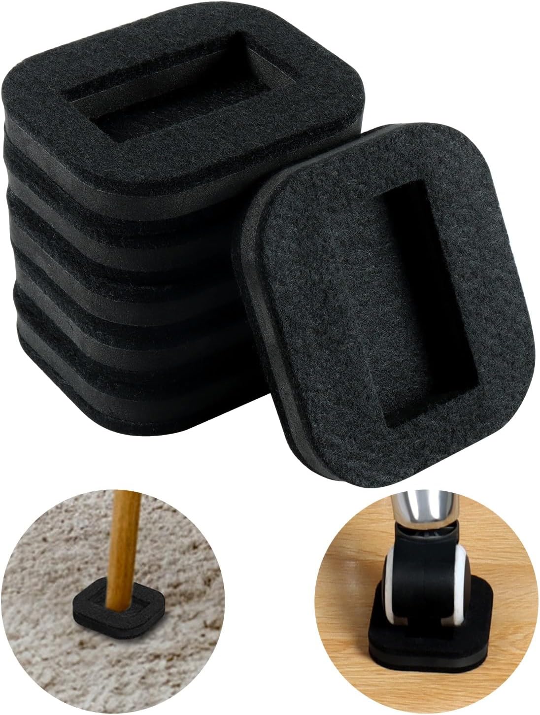 12 PCS Felt Furniture Coasters Caster Cups for Hardwood Floors, Felt Bottom Furniture Pads, Bed Office Chair Fridge Furniture Wheel Stopper to Prevent Sliding and Scratches (Black, L: 2.6" * W:1.8")