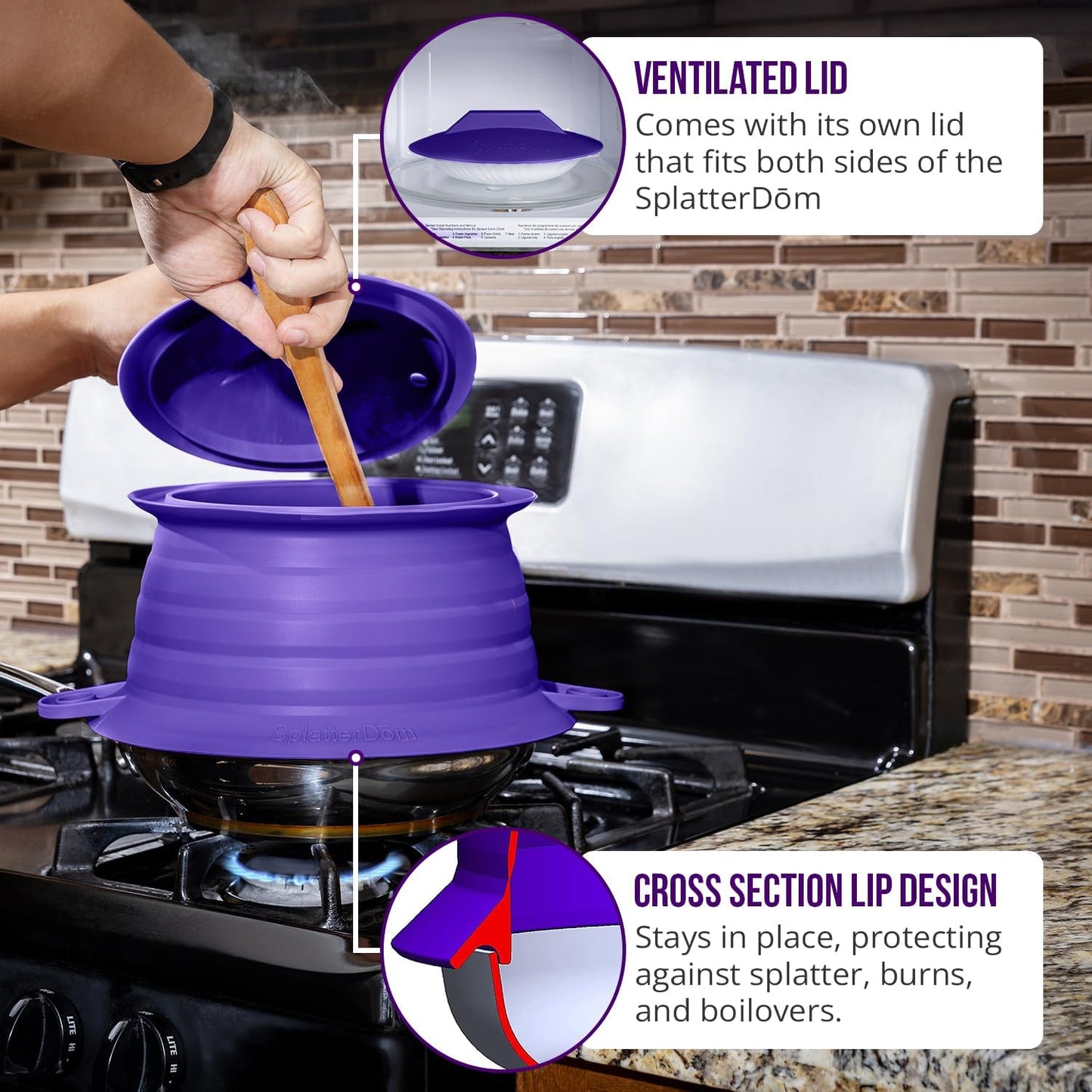 L.I.Q. Silicone Splatter Guard, Durable SplatterDom, Blue Steel, Large | 10 and 12 Inch Pots, 10'' Lid, Food and Oil Splash Guard for Cooking, Easy to Clean and Store, BPA-Free, Microwave Safe