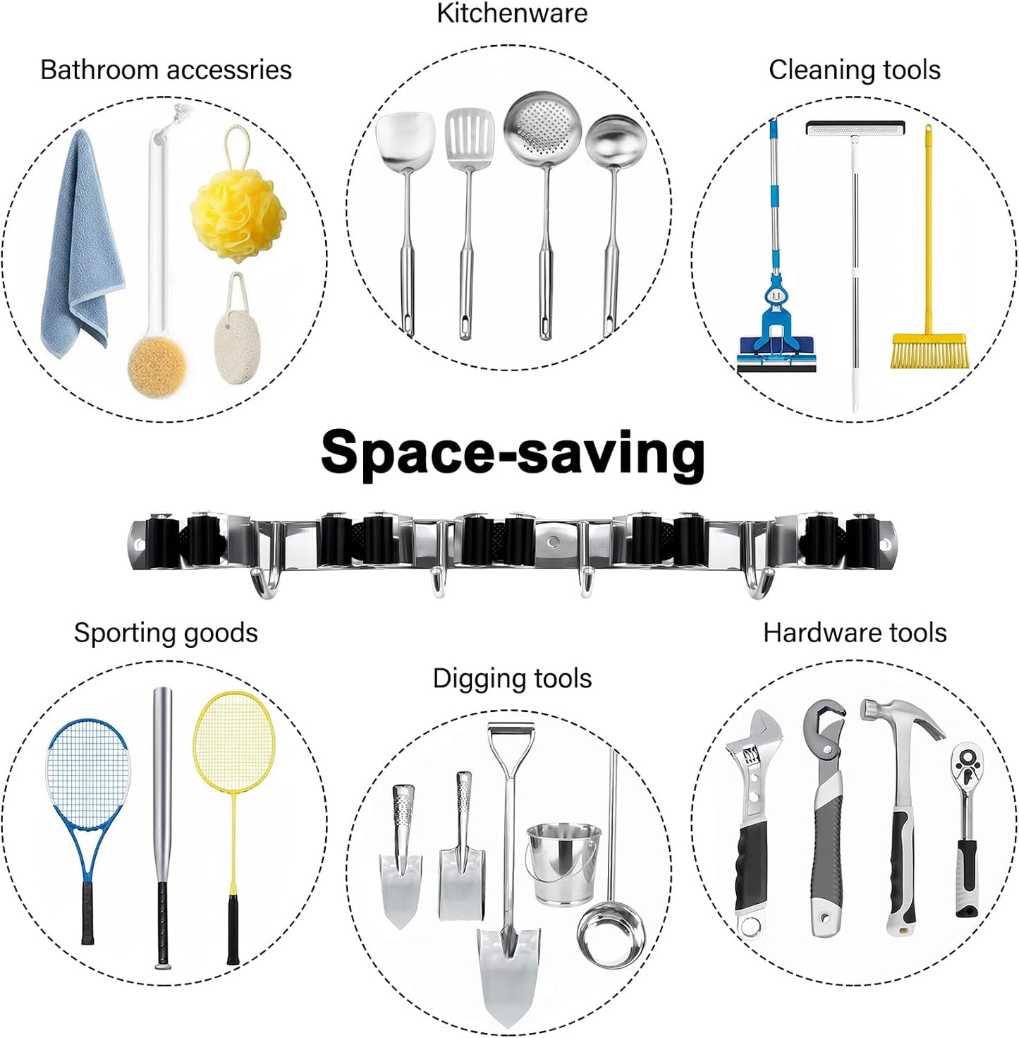 SUS304 5 Racks and 4 Hooks Mop and Broom Holder Wall Mount | Heavy Duty Self Adhesive Solid Non-slip Broom Organizer Storage Tool Racks for Home Kitchen Garden Laundry Garage