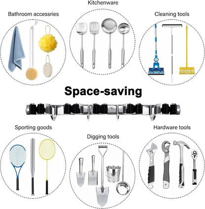 SUS304 5 Racks and 4 Hooks Mop and Broom Holder Wall Mount | Heavy Duty Self Adhesive Solid Non-slip Broom Organizer Storage Tool Racks for Home Kitchen Garden Laundry Garage