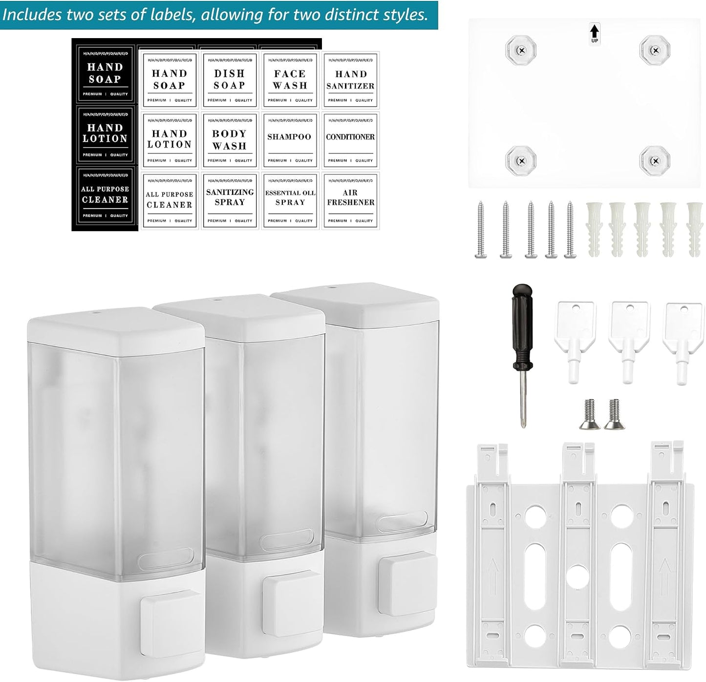 Shampoo and Conditioner Dispenser for Shower, 3 Chamber, Black | Wall Mounted, No Drill, 3×16.9oz, ABS Plastic Material, Refillable With Labels, For Bathroom Hotel