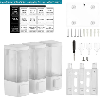 Shampoo and Conditioner Dispenser for Shower, 3 Chamber, Black | Wall Mounted, No Drill, 3×16.9oz, ABS Plastic Material, Refillable With Labels, For Bathroom Hotel