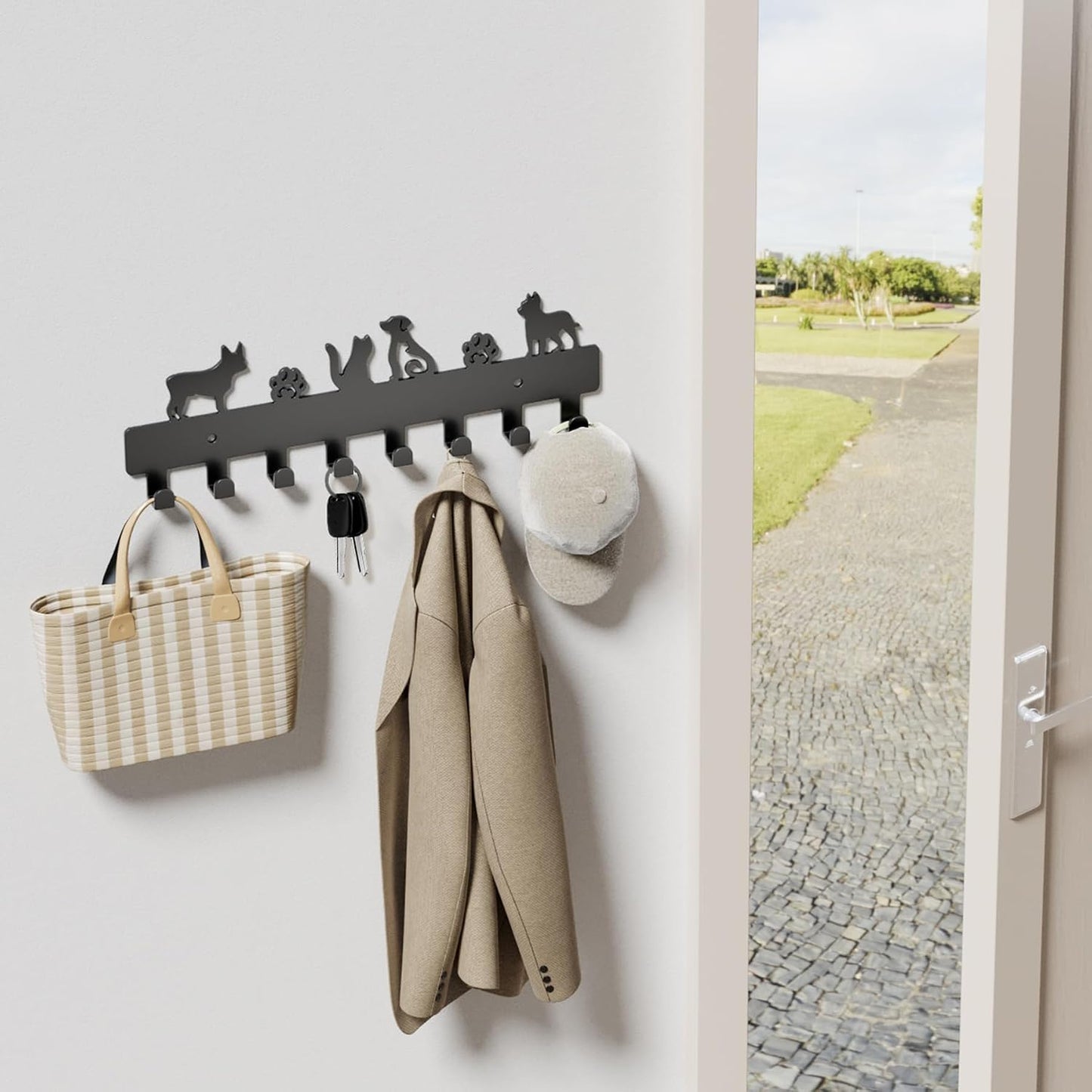 GTK Key Holder for Wall Key Hooks with Tray and 6 Hooks, Wall Mounted Key Holder for Hallway, Key Rack with Shelf for Mail Storage (Black)