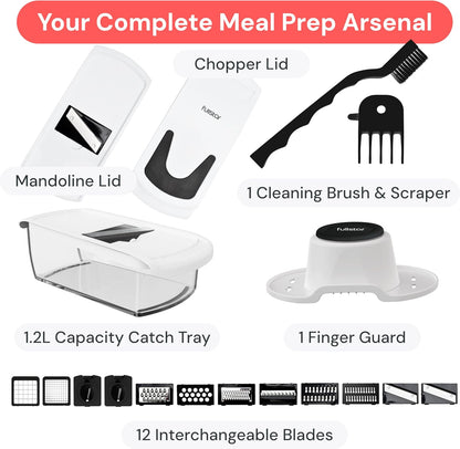 Fullstar Pro Core Vegetable Chopper & Mandoline Slicer, Meal Prep Essential | 6 in 1 Veggie Slicer, Onion & Fruit Slicer with Julienne, Grater & Dicer Stainless Steel Blades + Container (White)