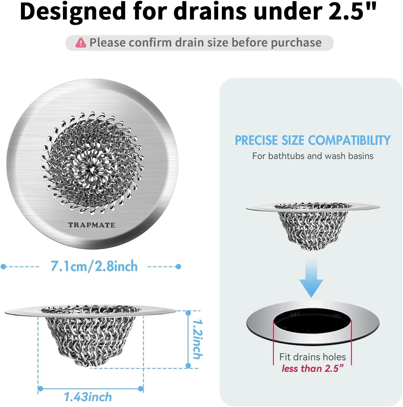 TRAPMATE Shower Drain Hair Catcher, 2.8" Bathtub Stopper Drain Strainer Kit | Easy Clean, Anti-Clogging, Fast Drainage, Anti-Slip, Reversible, No Rust, For Bathtub & Shower Drains, Small Size, Patented