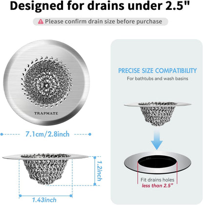 TRAPMATE Shower Drain Hair Catcher, 2.8" Bathtub Stopper Drain Strainer Kit | Easy Clean, Anti-Clogging, Fast Drainage, Anti-Slip, Reversible, No Rust, For Bathtub & Shower Drains, Small Size, Patented