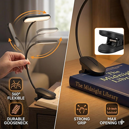 Clip-On Book Light for Reading at Night - Rechargeable 14 LEDs with 3 Color Modes & Stepless Dimming, Eye-Care USB-C Charging, 70-Hours, 360° Flexible Gooseneck - Perfect for Books, Bedtime Reading