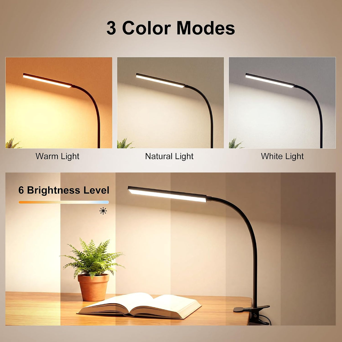 Vansuny Clip on LED Desk Lamp, Eye-Caring USB Reading Light for Home Office