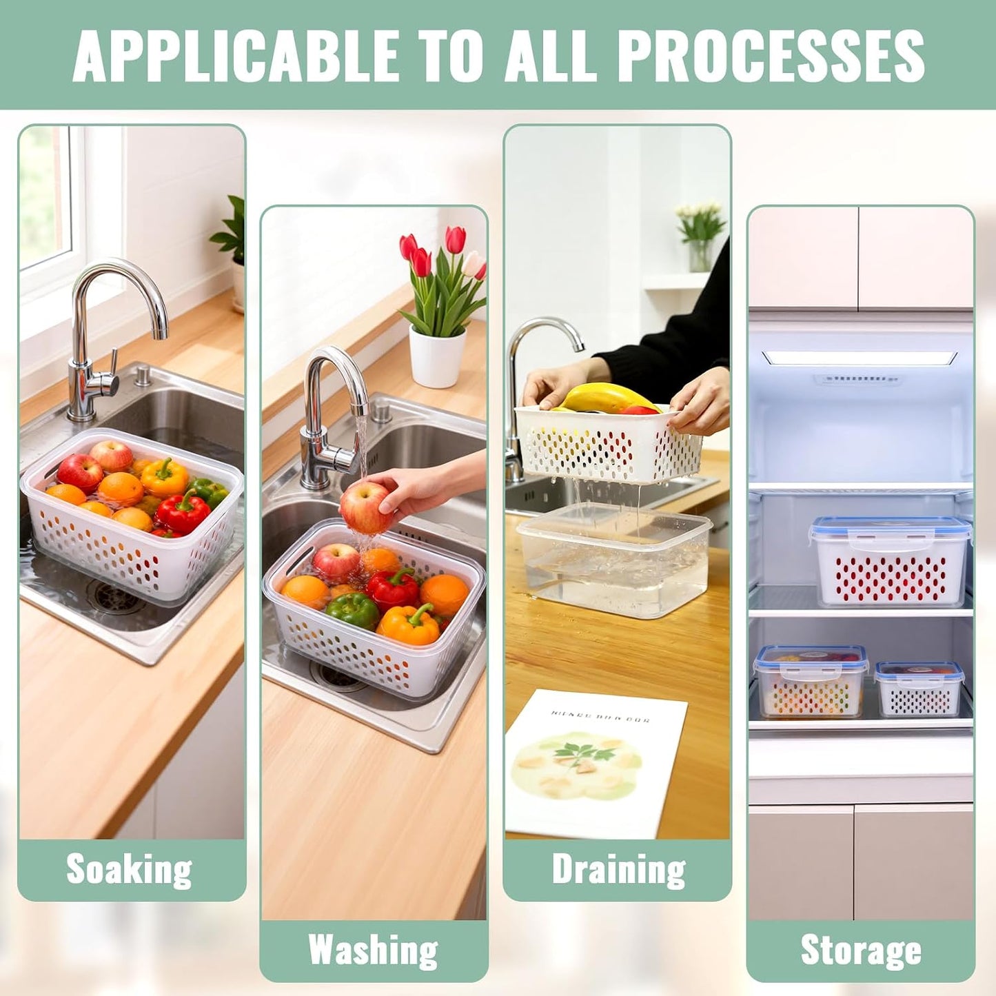 3 PCS Fruit Storage Containers for Fridge with Removable Colander | Berry Produce Storage Containers for Fridge with Strainer Lid Leakproof Containers Keep Fruits Vegetables Berry Fresh longer
