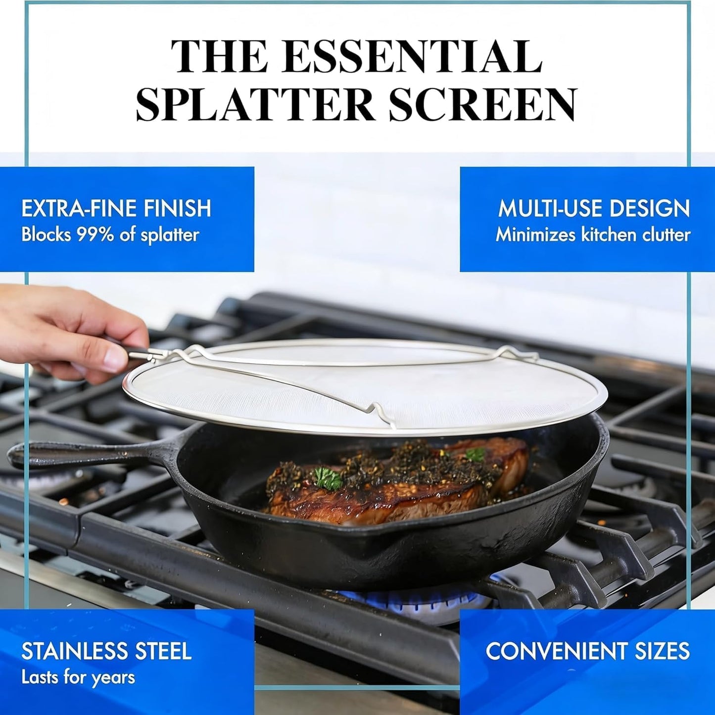 Stainless Steel Splatter Guard Fine Mesh For Pots Frying Pans(15in) | Rust-proof metal mesh blocks oil splashes while venting steam, heat-insulated grip, dishwasher safe, hangable flat storage