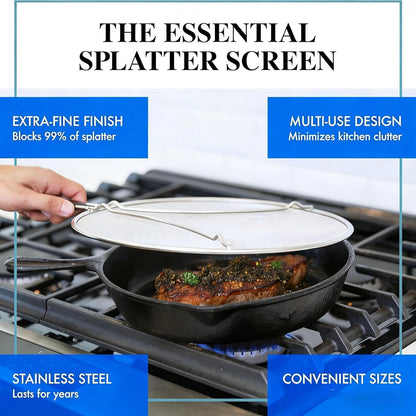 Stainless Steel Splatter Guard Fine Mesh For Pots Frying Pans(15in) | Rust-proof metal mesh blocks oil splashes while venting steam, heat-insulated grip, dishwasher safe, hangable flat storage