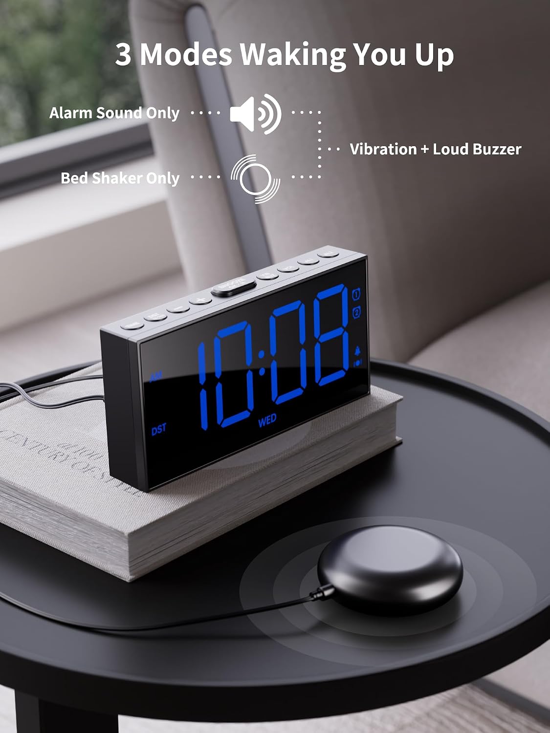 ROCAM Loud Vibrating Alarm Clock with Bed Shaker, Bed Shaker Alarm Clock for Heavy Sleepers/Hearing Impaired/Deaf, Dual Alarm with Weekday/Weekend Mode, Large Display Digital Clock with Dimmer, Snooze