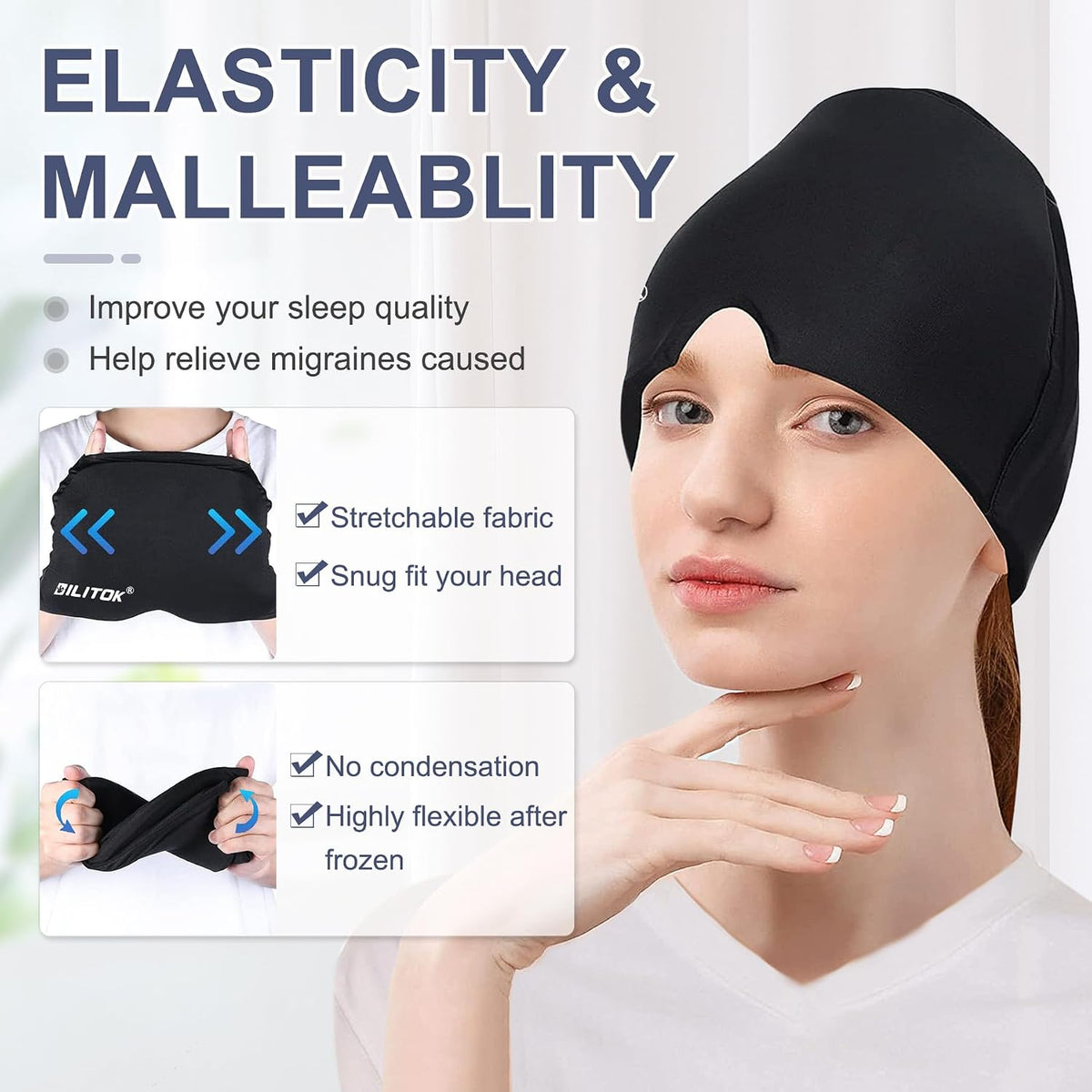 Migraine Headache Relief Cap, Gel Ice Head Wrap, Hot and Cold Therapy, Headache Eyes Mask for Sinus, Puffy Eyes, Tension and Stress Relief (Blue)