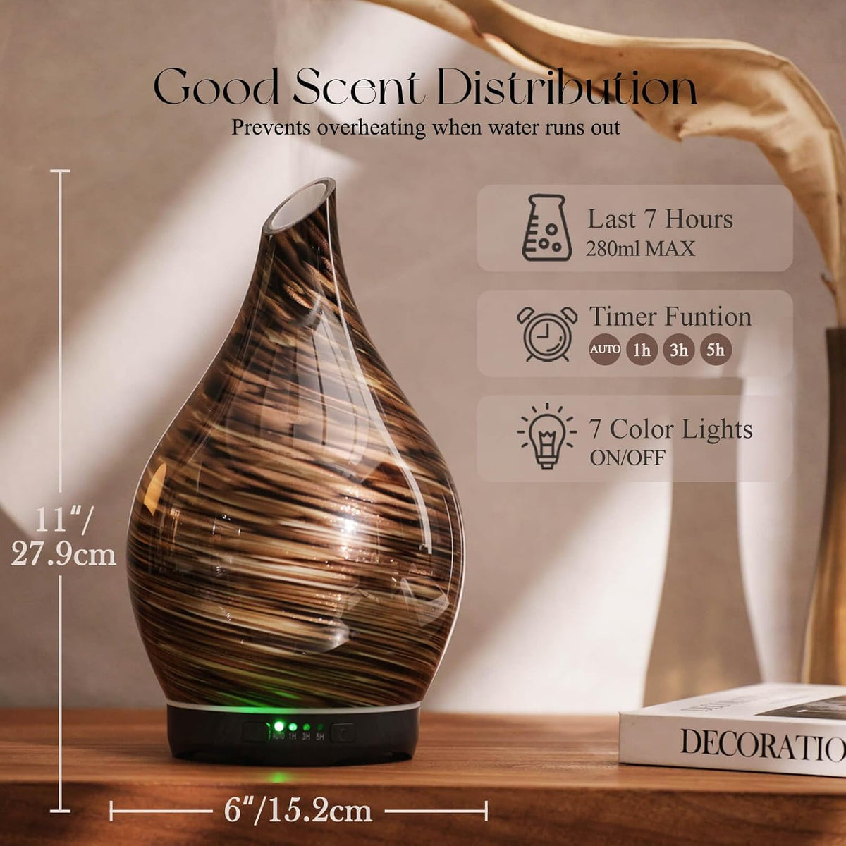 Porseme Essential Oil Diffuser 280ml Handmade Glass Diffuser 7H Runtime | Elegant Handmade Glass Aroma Diffuser with 7-color LEDs, Quiet Aromatherapy and Safe Auto Shut-off, Perfect for Gifts
