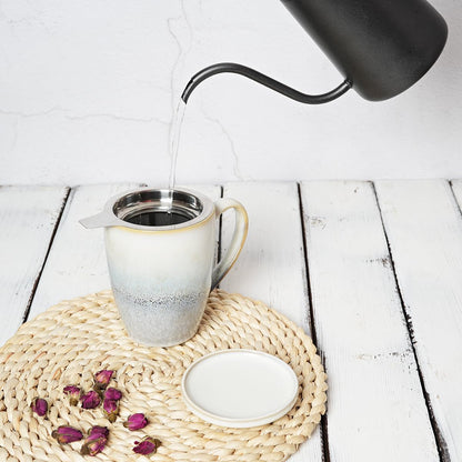 Bosmarlin Ceramic Tea Cup with Infuser and Lid, 13.5 Oz, Loose Leaf Tea Steeper Mug with Strainer, Microwave and Dishwasher Safe, Reactive Glaze (13.5 Oz, Pale Green)