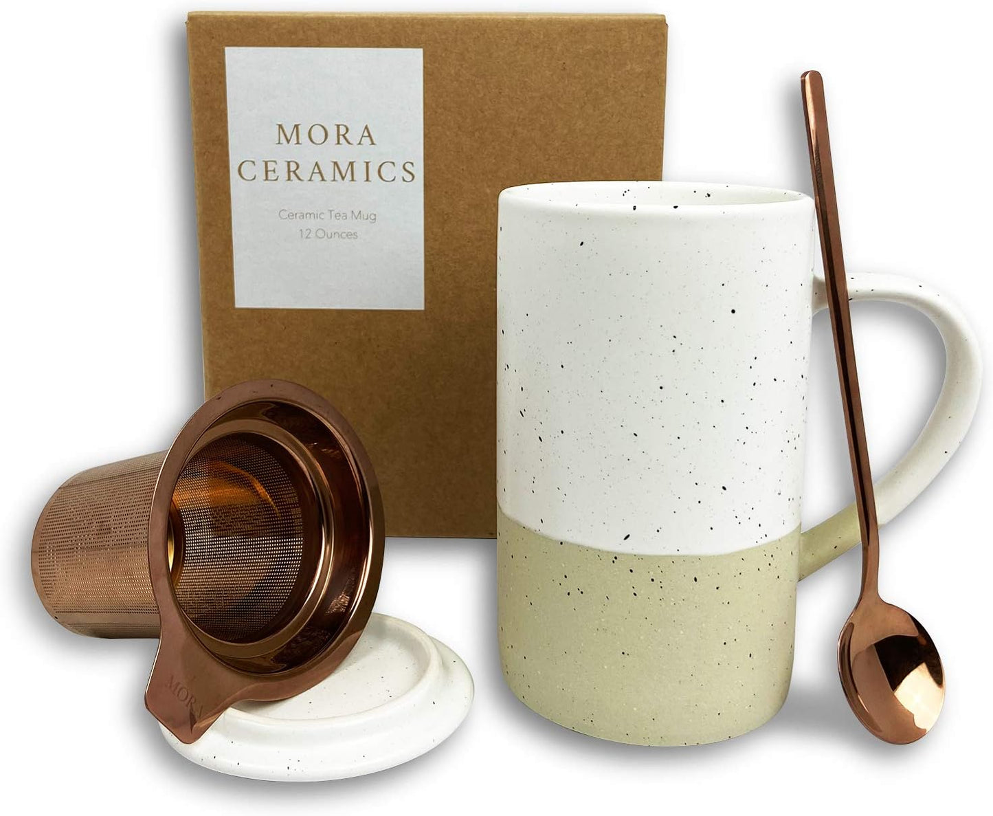 Mora Ceramics Tea Cup with Loose Leaf Infuser, Spoon and Lid, 12 oz, Microwave and Dishwasher Safe Coffee Mug - Rustic Matte Ceramic Glaze, Modern Herbal Tea Strainer - Great Gift for Women, Garnet