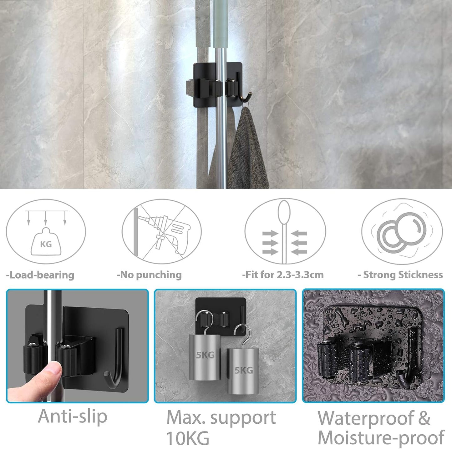 homeasy Broom Holder Wall Mount 4Pcs, Self Adhesive Mop Broom Hanger Black | Self adhesive stainless steel broom organizer with 4 hooks, holds mops, brooms and garden tools without drilling