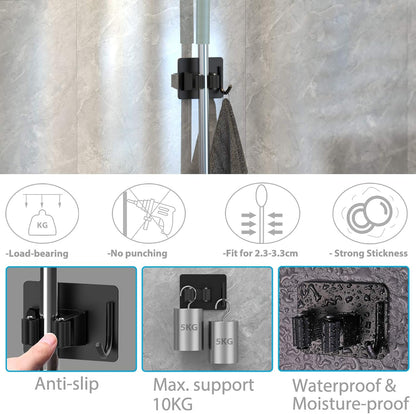 homeasy Broom Holder Wall Mount 4Pcs, Self Adhesive Mop Broom Hanger Black | Self adhesive stainless steel broom organizer with 4 hooks, holds mops, brooms and garden tools without drilling
