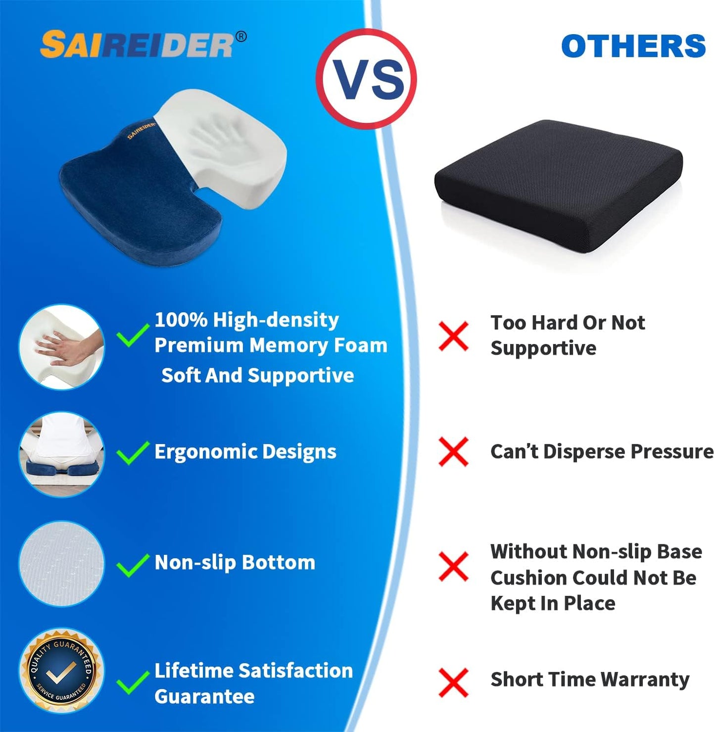 SAIREIDER Office Chair Cushion, Car Seat Cushion, Memory Foam Coccyx Cushion Pads for Tailbone Pain, Sciatica Relief Pillow, Correct Sitting Posture (Black)
