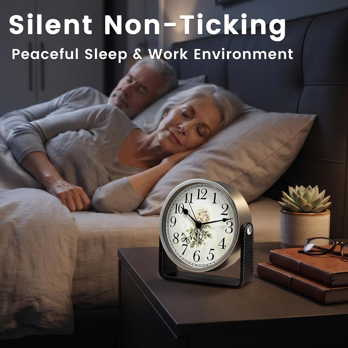 Analog Alarm Clock - 4.5" Silent Non Ticking Small Clock with Light, Rotatable Stand Metal Desk Clock Battery Operated, Simple Design for Living Room Decor/ Bedroom/Bedside/Shelf (Black & White)