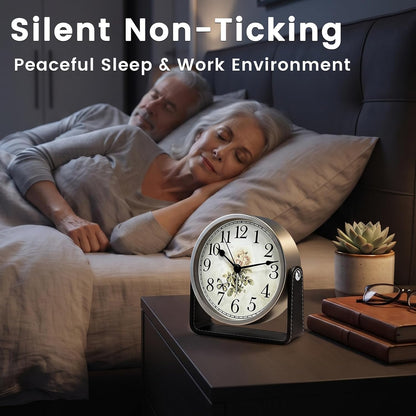 Analog Alarm Clock - 4.5" Silent Non Ticking Small Clock with Light, Rotatable Stand Metal Desk Clock Battery Operated, Simple Design for Living Room Decor/ Bedroom/Bedside/Shelf (Black & White)