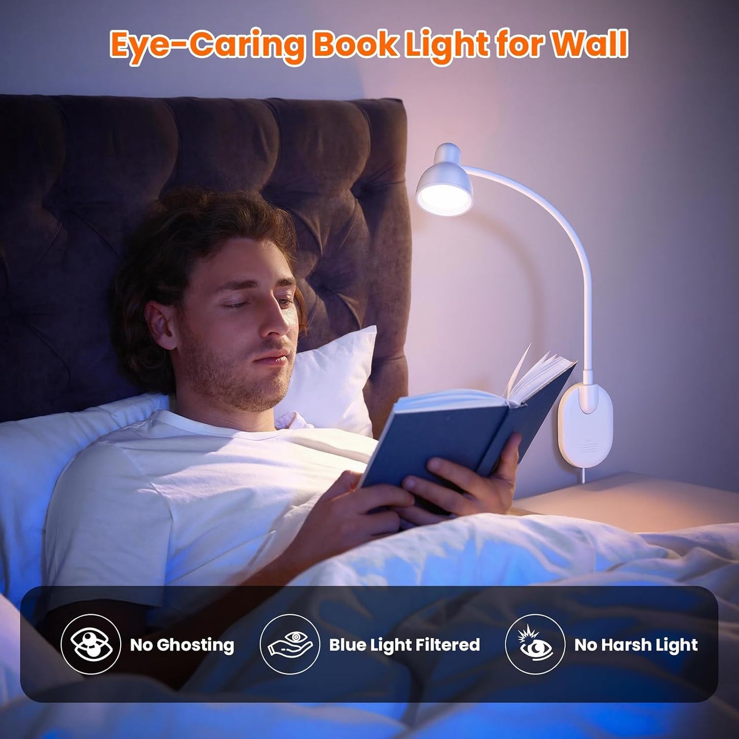 Wall Mounted Reading Light, LED Wall Bedside Lamp with Adapter, 5 Color & 10 Brightness, Plug-in Adhesive Wall Reading Lights for Books in Bed, Auto-Off Timer Wall Lights for Bedroom Headboard Black