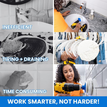 7 Pack Drill Brush Set for Deep Cleaning, Scratch Resistant, Bathroom, Oven, Countertops, Sinks, Soap Scum, Tile, Boats, Patio Furniture & More | 6 reusable non-scratch white nylon pads for showers, tubs, tile, grout, sinks and counters; fits drills and