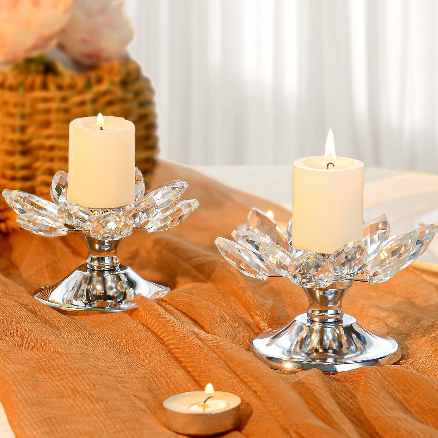 1 PC Gold Crystal Flower Tea Light Holder, Glass Tealight Candlestick with Metal Base, Votive Candle for Table Centerpiece, Wedding/Parties Decor, Nice Gift