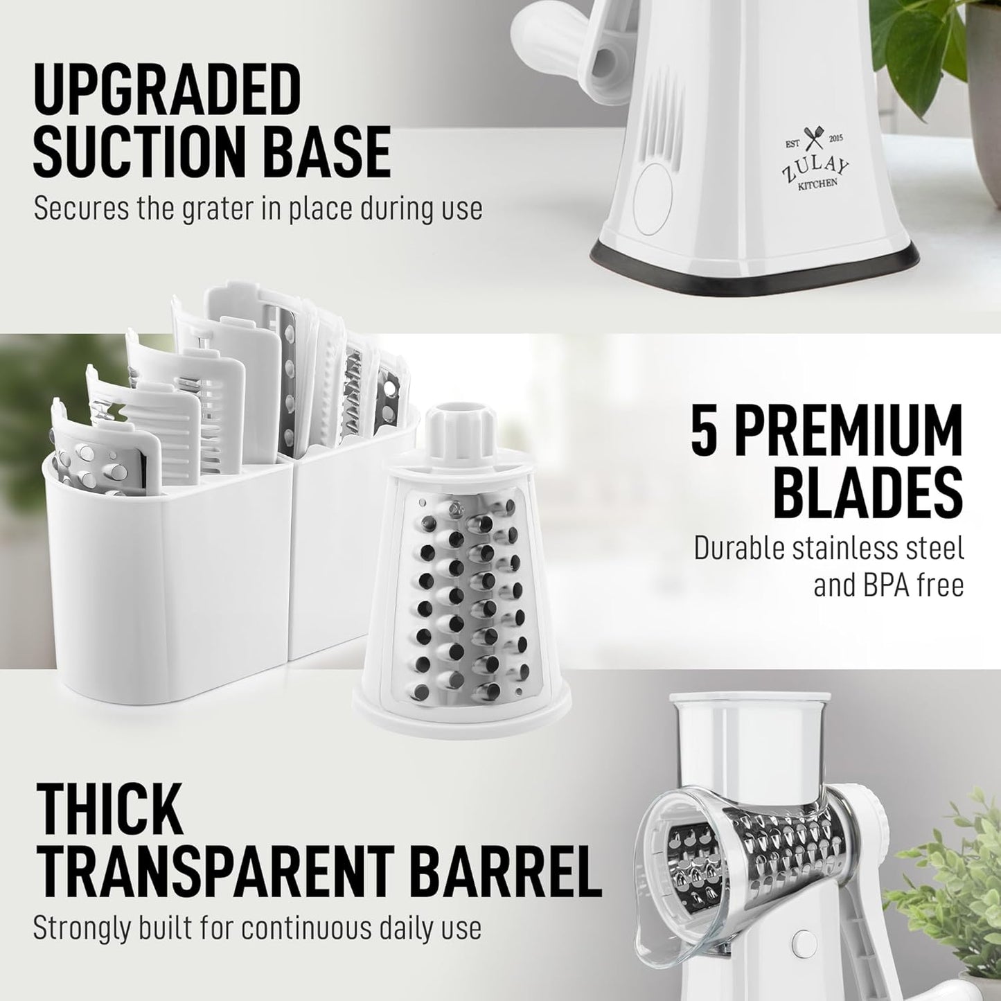 Zulay Kitchen Rotary Cheese Grater 5 Blade Cheese Shredder - Manual Hand Crank Cheese Grater With Reinforced Suction & 5 Interchangeable Drums - Easy to Use, Vegetable Chopper Round Mandoline Slicer - Colors A