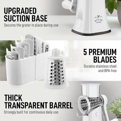 Zulay Kitchen Rotary Cheese Grater 5 Blade Cheese Shredder - Manual Hand Crank Cheese Grater With Reinforced Suction & 5 Interchangeable Drums - Easy to Use, Vegetable Chopper Round Mandoline Slicer - Colors A