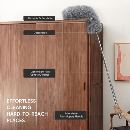 Cobweb Duster with Extension Pole 100 inches, Dusters for Cleaning with 2 Duster Heads, Washable Microfiber Feather Duster for Cleaning Ceiling Fan, High Ceiling, Blinds, Furniture & Cars