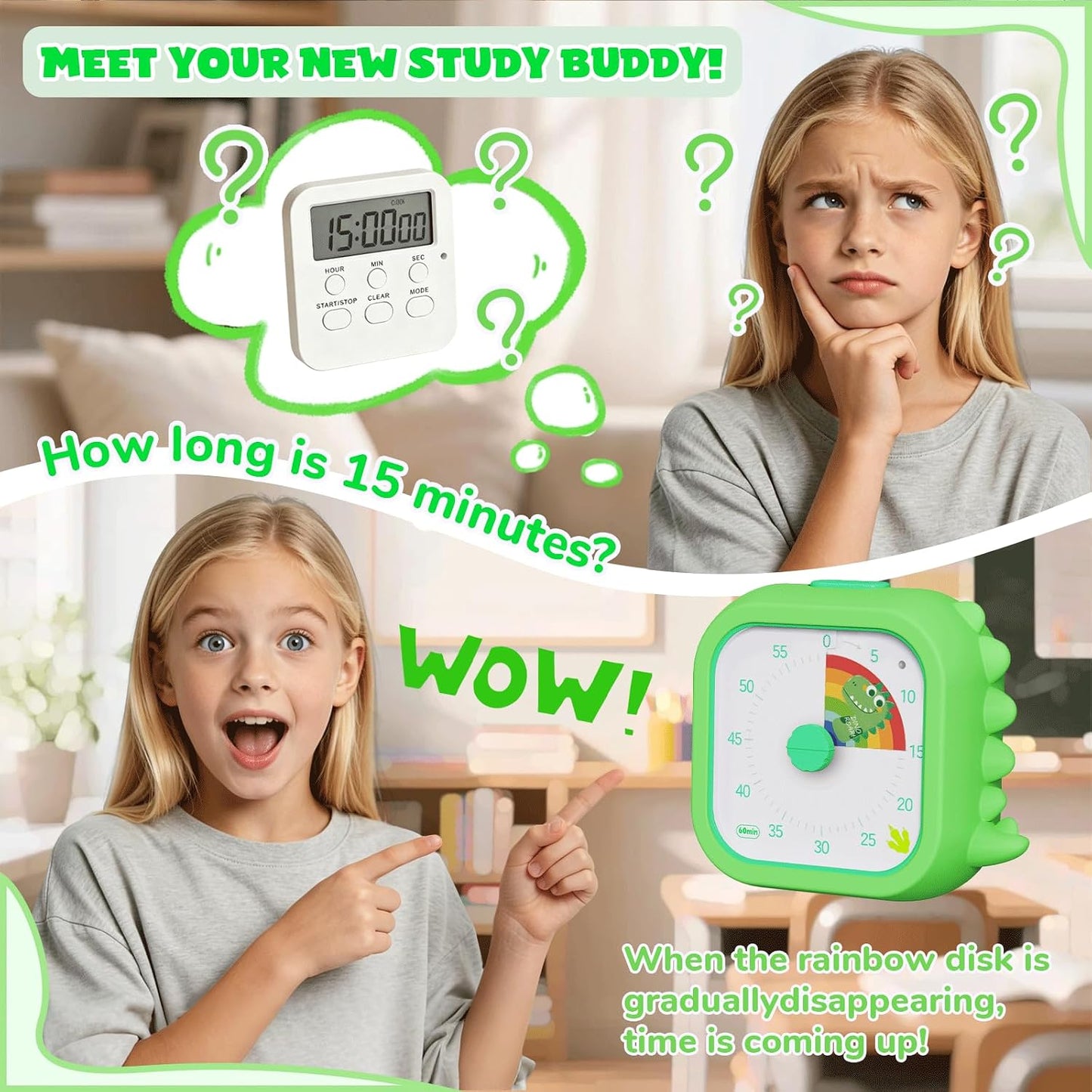 Owliwise Visual Timer for Kids, 60 Minute Countdown Timer with Silent Operation, Cute Pomodoro Rainbow Disk Time Management Tool for Classroom and Home Study, for Kids Desk, Office Desk and Meetings