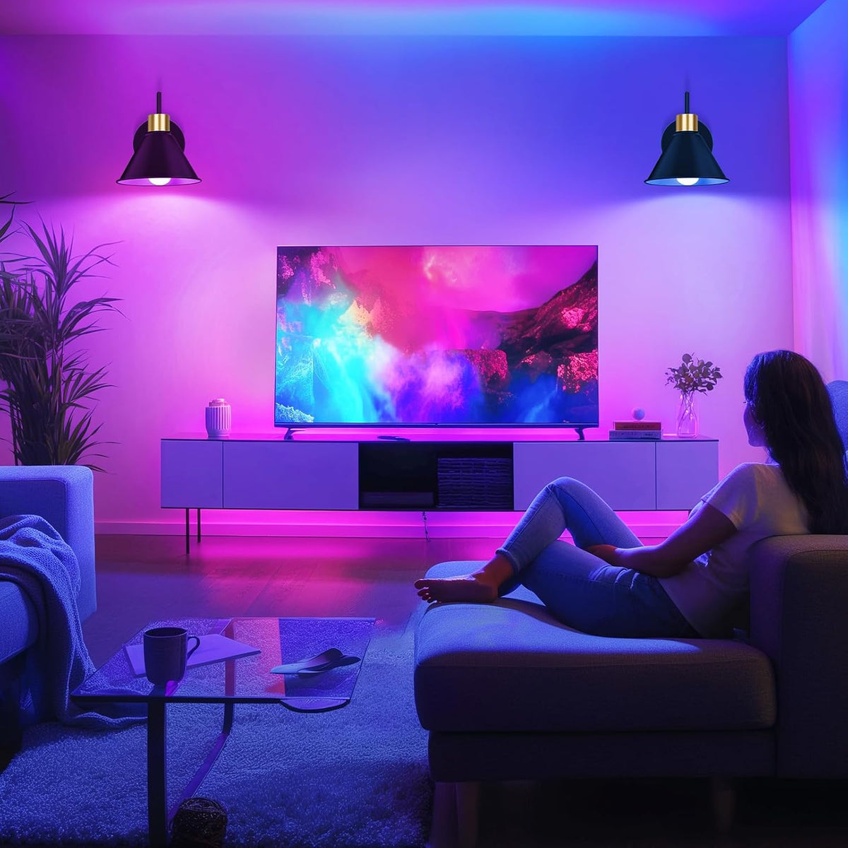 Frideko Rechargeable Wall Sconces Set of Two with Remote, RGB 15 Colors Dimmable Battery Operated Wall Lights for Living Room Bedroom, Indoor Black Wall Lamp with Timer Wireless