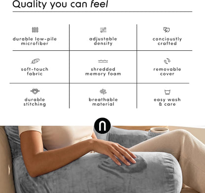 Nestl Reading Pillow with Shredded Memory Foam, Designed for Sitting Up in Bed and Couch, Back and Arms Adjustable Support for Adult & Teens Backrest Pillows for Reading, with Washable Cover Dark Grey