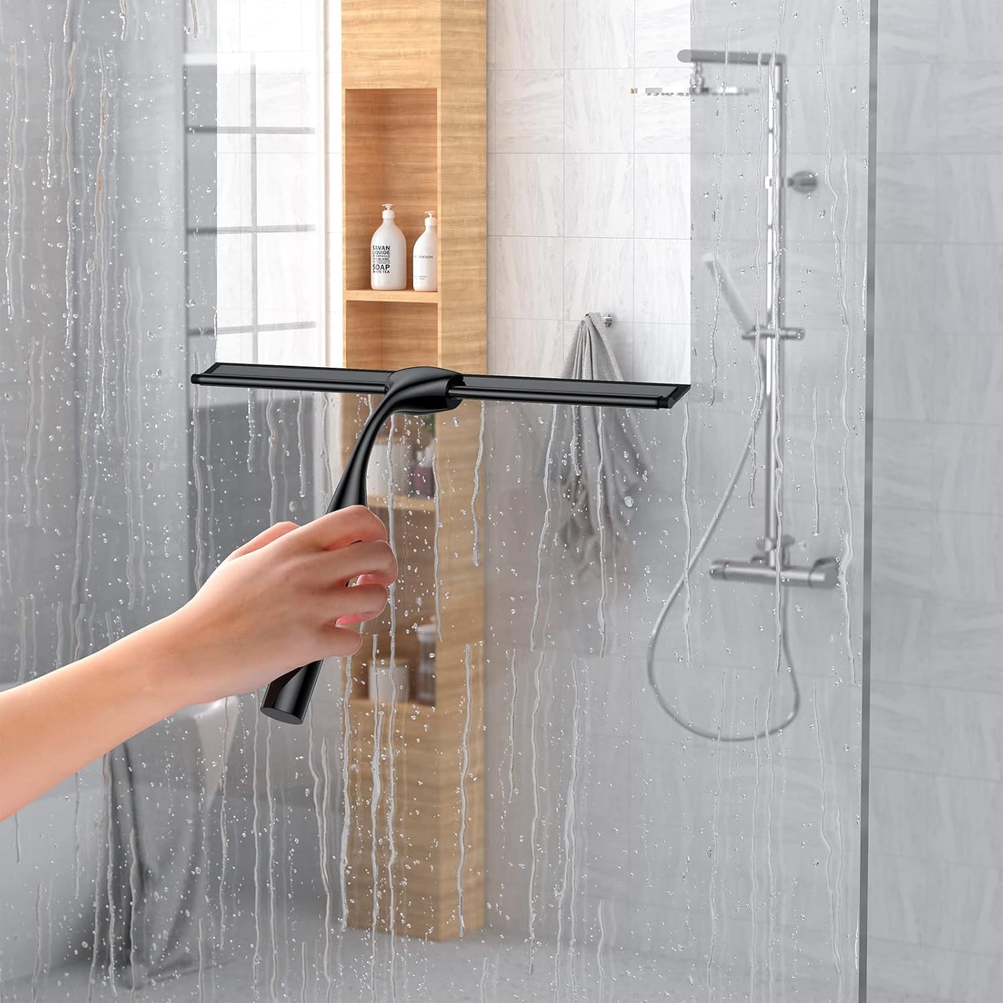 Black Shower Squeegee for Glass Door 12-Inch Bathroom Squeegee Window Wiper, with Shower Door Hook, Adhesive Hook, Spare Silicone Blade for Window Mirror Car All-Purpose Squeegee