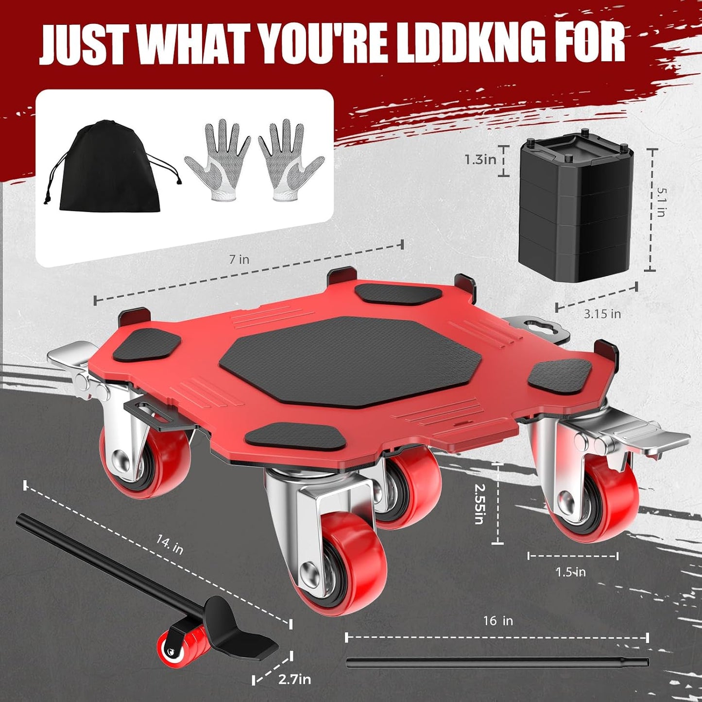 LOYAL TIGER 1500LBS Heavy Duty Furniture Dolly & Movers Set (5.4 Inch, Red) | 5-Wheel Carbon Steel Rollers with Locking Casters & Lifter. Moving Kit for Refrigerator, Washer, Sofa & Cabinet.