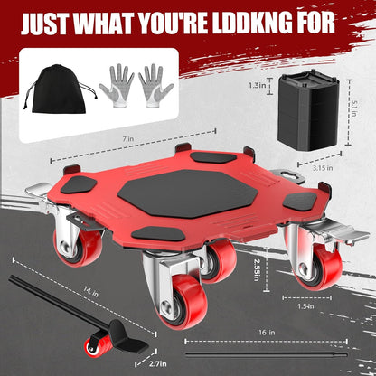 LOYAL TIGER 1500LBS Heavy Duty Furniture Dolly & Movers Set (5.4 Inch, Red) | 5-Wheel Carbon Steel Rollers with Locking Casters & Lifter. Moving Kit for Refrigerator, Washer, Sofa & Cabinet.