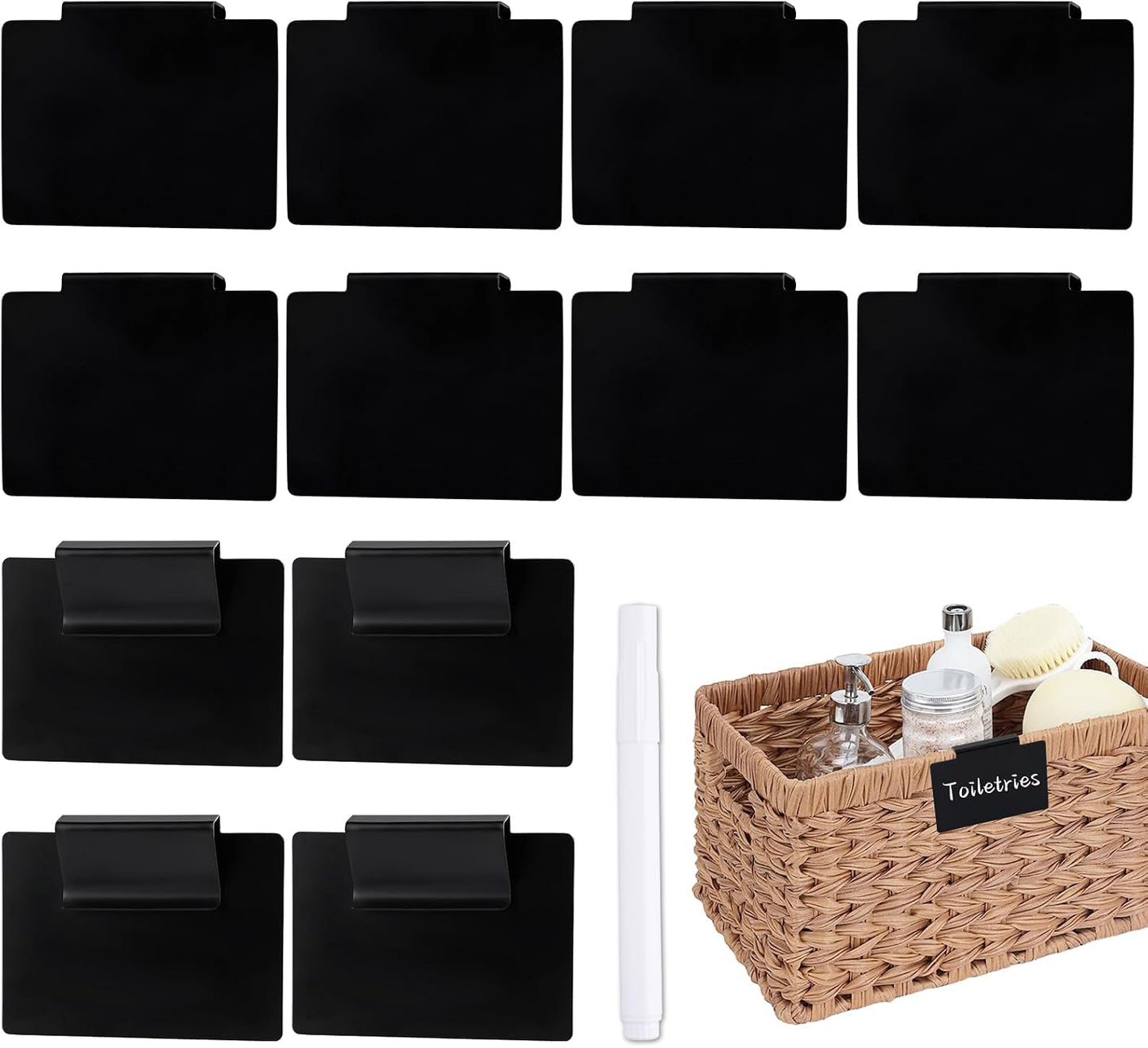 13Pcs White Clip-On Basket Labels Set with Chalk Marker, Reusable Pantry Bin Labels for Kitchen, Closet & Storage Organization