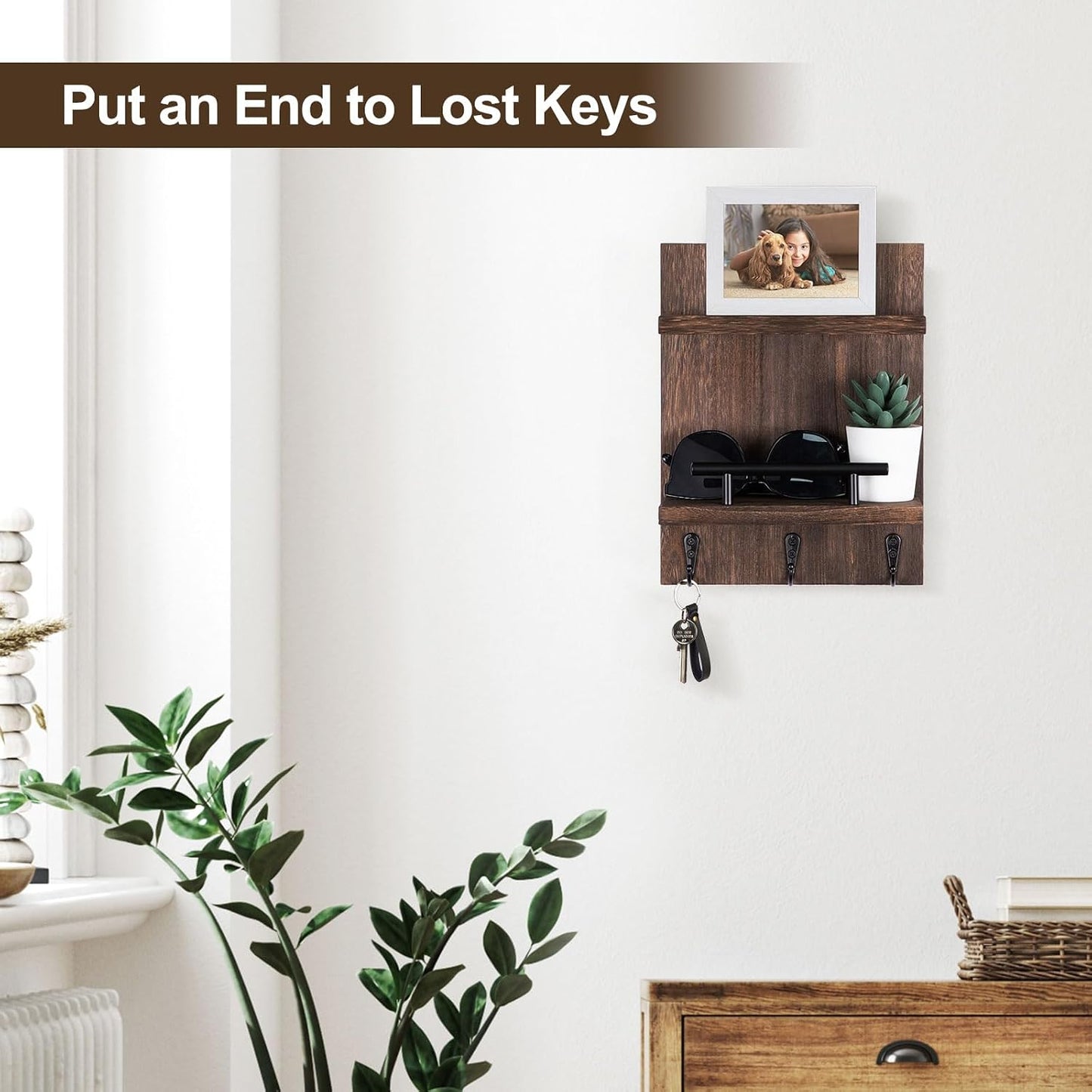 Key Holder Wall Mount, Mail Shelf Decor with 3 Key Hooks, Versatile Wood Wall Organizer for Entryway Hallway (8.2” x 10.6”x 3.6”) (White) | Farmhouse Key Hanger Holds Dog Leash, Sunglasses – Decorative Mail Organizer Home Decor