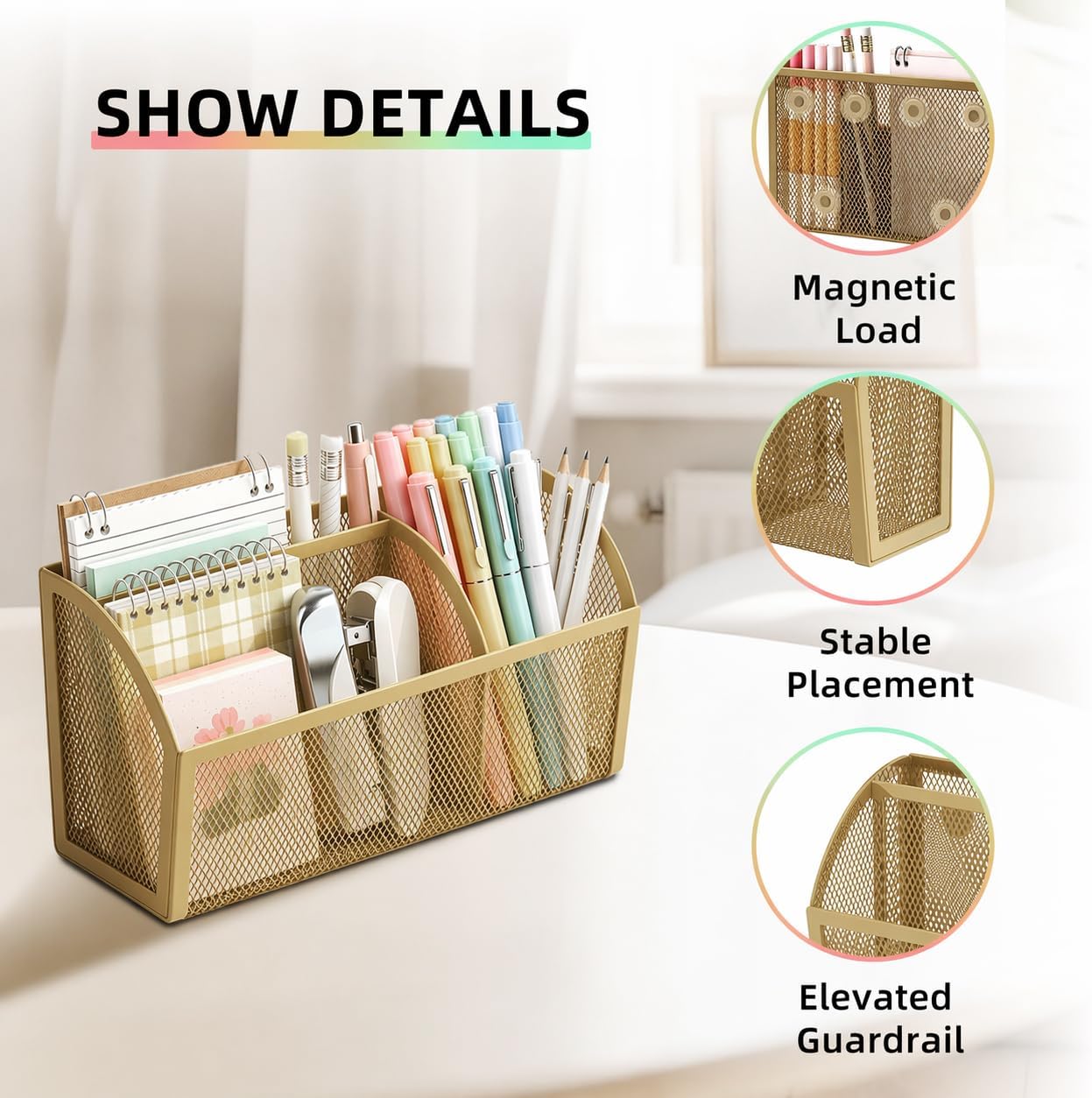 Magnetic Pencil Holder, Magnetic Organizer for Locker Accessories, Black | Mesh Marker Holder with Strong Magnets and 3 Compartments for Whiteboards Refrigerators and Magnetic Lockers