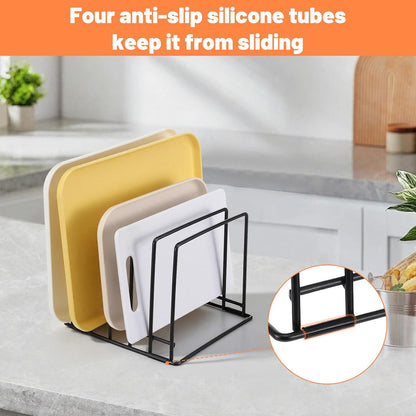 2 Pack 5-Slot Baking Sheet Organizer Rack, Heavy Duty Steel Cutting Board Holder With Rust-Resistant Coating and 8 PCS Anti-Slip Feet, For Kitchen Cabinet Or Countertop Storage, 7.87x7.48x6.38 Inch